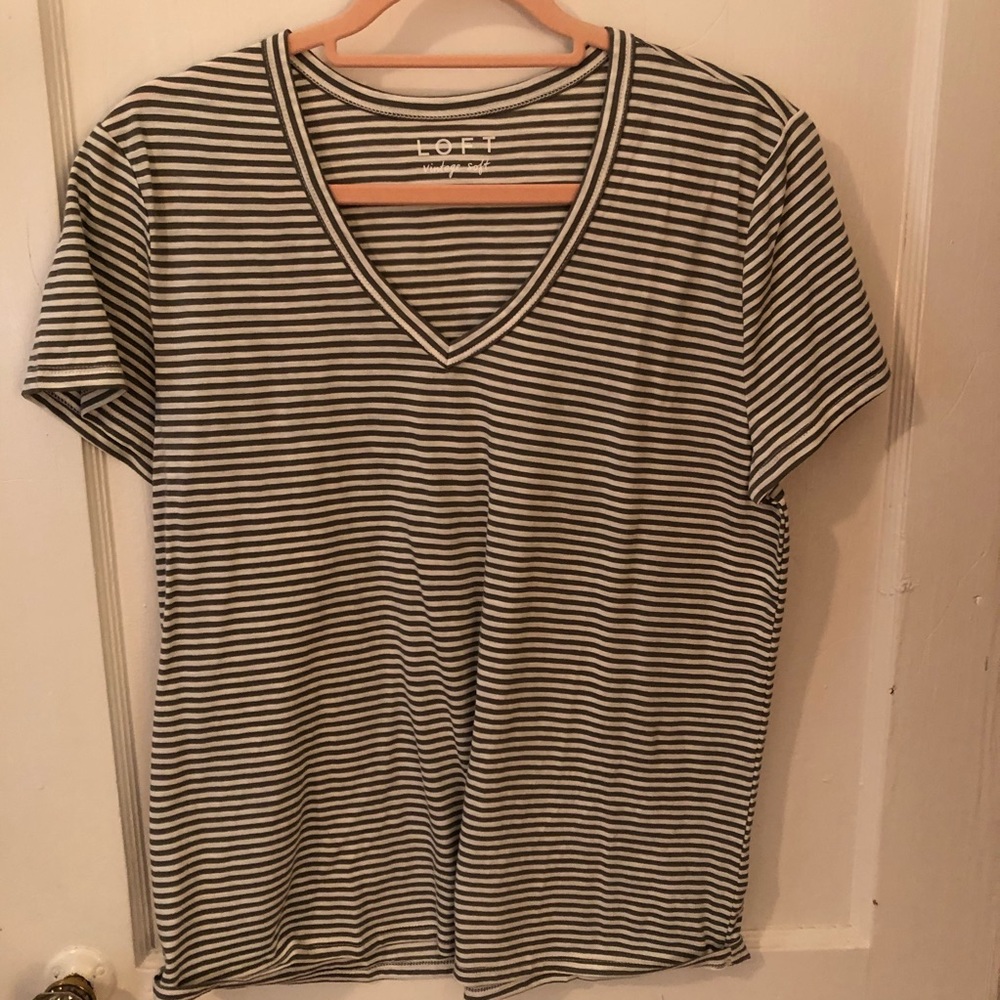 LOFT Black and White Striped V-Neck Short Sleeve Tee